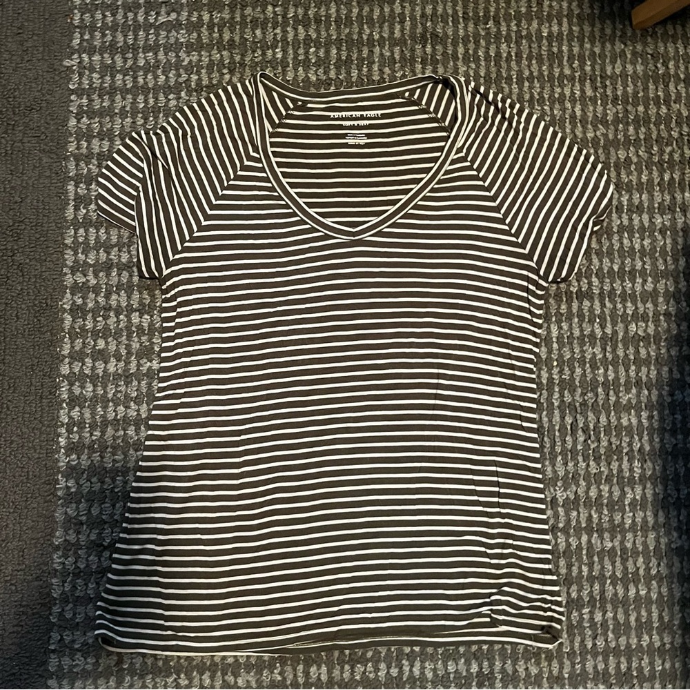 American Eagle Outfitters Green and White Fitted Short Sleeve Tee